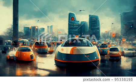 Spectacular futuristic cars in a dense city. Digital art 3D illustration. Spectacular futuristic cars in a dense city. Digital art 3D illustration. 95338193