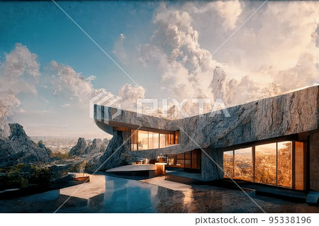 Luxury pool villa spectacular contemporary design 3D illustration digital art 95338196