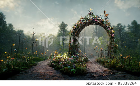 Spectacular archway in fantasy forest. Digital art 3D illustration Spectacular archway in fantasy forest. Digital art 3D illustration 95338264