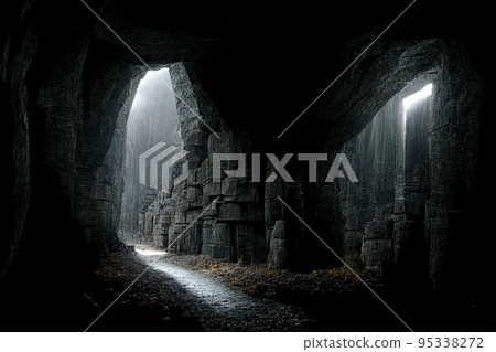 Dark dungeon catacomb underground tunnel spectacular halloween 3D illustration 95338272