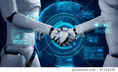 3D rendering hominoid robot handshake to collaborate future technology 95338346