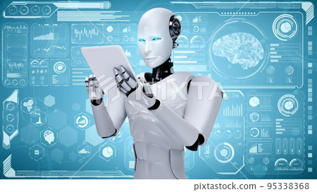Robot hominoid using tablet computer for big data analytic 95338368