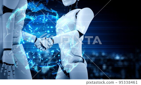 3D rendering hominoid robot handshake to collaborate future technology 3D rendering hominoid robot handshake to collaborate future technology 95338461