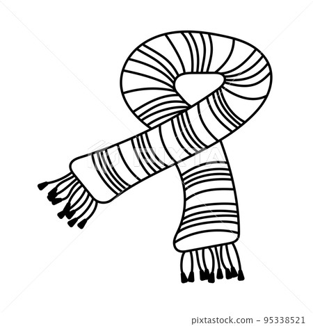 Warm striped knitted scarf in doodle style. Hand drawn vector icon. 95338521