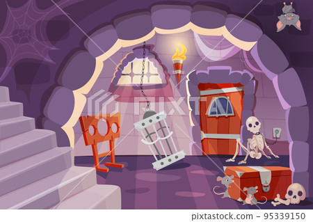 Cartoon castle dungeon with medieval prison cell for prisoners 95339150
