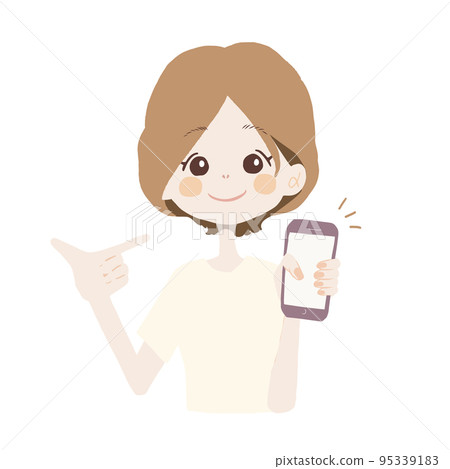 Illustration of a girl holding an iPhone (smartphone) and introducing recommended points Illustration of a girl holding an iPhone (smartphone) and introducing recommended points 95339183