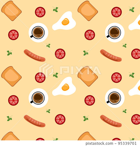 Seamless pattern with eggs and fried sausages, tomato, toast, and a cup of coffee. Breakfast wallpaper on yellow background. Paper cut out vector Seamless pattern with eggs and fried sausages, tomato, toast, and a cup of coffee. Breakfast wallpaper on yellow background. Paper cut out vector 95339701