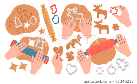 Kneading dough hands. Woman prepares homemade cookies. Top view. Cooking school. Vector illustration in flat style. 95340232
