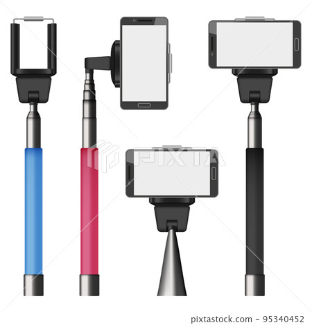 Selfie stick video photo mobile mockup set. Realistic illustration of 4 selfie stick video photo mobile mockups for web Selfie stick video photo mobile mockup set. Realistic illustration of 4 selfie stick video photo mobile mockups for web 95340452