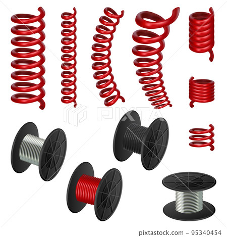 Coil spring flexible cable mockup set. Realistic illustration of 11 coil spring flexible cable mockups for web Coil spring flexible cable mockup set. Realistic illustration of 11 coil spring flexible cable mockups for web 95340454