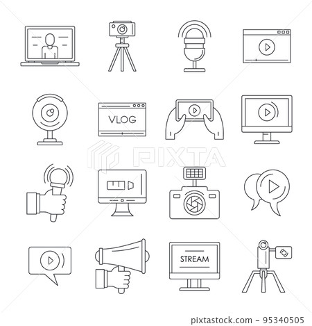 Vlog video channel logo icons set. Outline illustration of 16 vlog video channel logo vector icons for web Vlog video channel logo icons set. Outline illustration of 16 vlog video channel logo vector icons for web 95340505