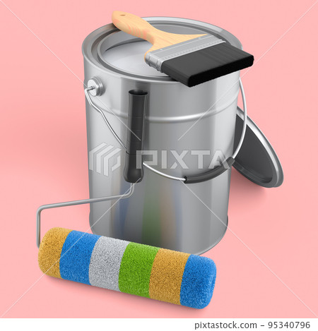 Open metal can with paint roller and bristle brush on pink background. 95340796