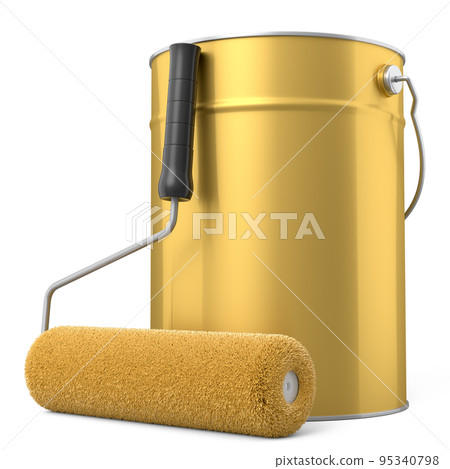 Open metal can with paint roller for painting walls on white background. 95340798