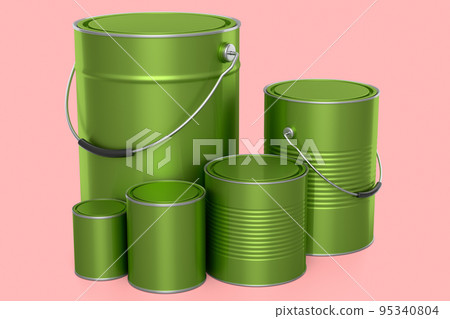 Set of metal can or buckets of paint in row pattern on pink background. Set of metal can or buckets of paint in row pattern on pink background. 95340804