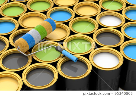 Set of open metal can or buckets of paint in row pattern on white background. 95340805