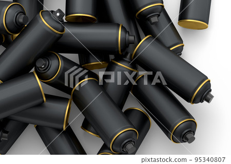 Lots of flying spray paint cans on white background. Spray bottle and dispenser 95340807