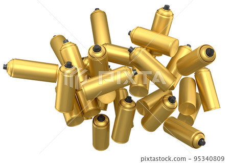Lots of flying spray paint cans on white background. Spray bottle and dispenser Lots of flying spray paint cans on white background. Spray bottle and dispenser 95340809