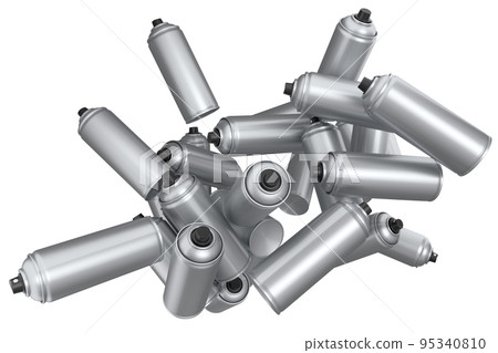 Lots of flying spray paint cans on white background. Spray bottle and dispenser Lots of flying spray paint cans on white background. Spray bottle and dispenser 95340810