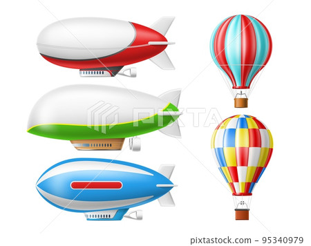 Dirigible and hot air balloons. Realistic retro aviation objects, 3d isolated zeppelins, airships, colorful sky vintage transport, air journey flying aerostat, 3d elements utter vector set 95340979