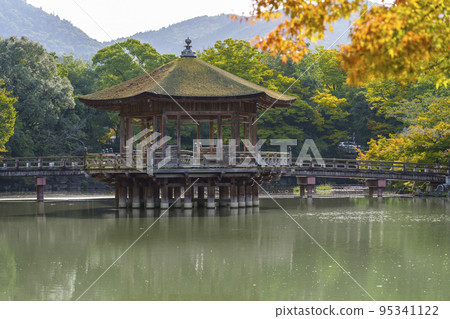 Sagiike池塘中心的浮見堂奈良公園，初秋的早晨 95341122