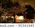 Night cherry blossoms and railroad crossing 95341945