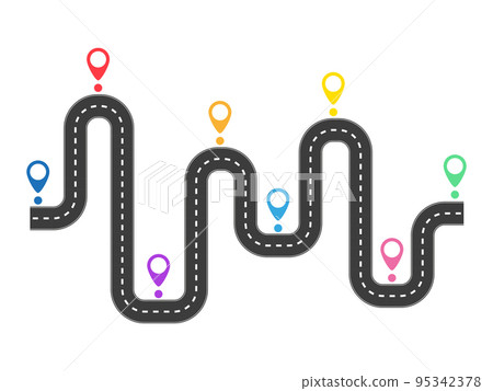 Curve asphalt road path with pin pointers. Curve asphalt road path with pin pointers. 95342378