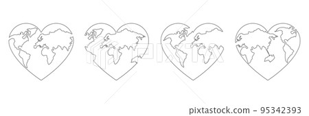 World map continuous line drawing of the heart shape set. 95342393