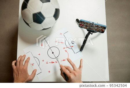Top view of man's hands recording vlog about last football match and shares his opinion on the strategy of the game. Sport, hobby and leisure concept. Top view of man's hands recording vlog about last football match and shares his opinion on the strategy of the game. Sport, hobby and leisure concept. 95342504