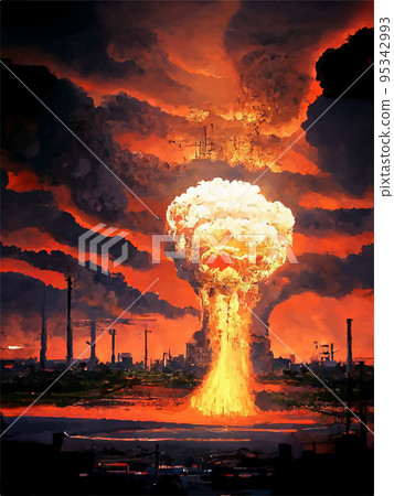 Mushroom from the explosion of a nuclear bomb over the city. Nuclear war in the world. End of the world. 95342993