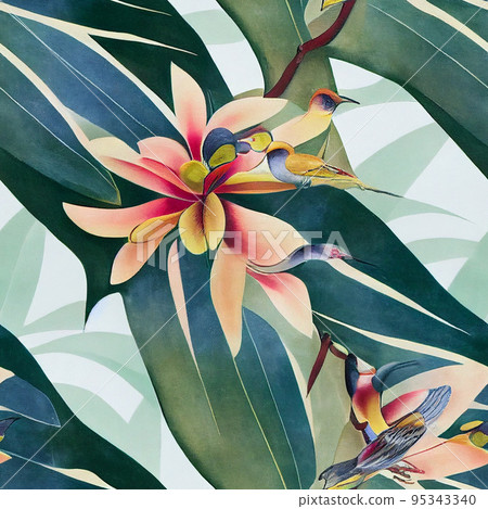 Closeup nature view of green leaf and palms background. Flat lay, dark nature concept, tropical leaf. Seamless pattern. 95343340