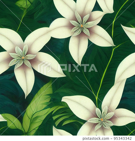 Closeup nature view of green leaf and palms background. Flat lay, dark nature concept, tropical leaf. Seamless pattern. 95343342