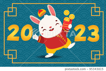 2023 year of the rabbit. Happy Chinese new year banner with cute cartoon rabbit with red envelope and money 2023 year of the rabbit. Happy Chinese new year banner with cute cartoon rabbit with red envelope and money 95343815