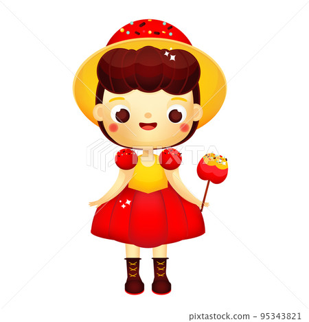 Cartoon girl in beautiful dress with caramel apple. Cute princess Cartoon girl in beautiful dress with caramel apple. Cute princess 95343821