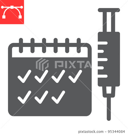 Seasonal vaccination glyph icon, vaccine and injection, syringe with calendar vector icon, vector graphics, editable stroke solid sign, eps 10 95344084