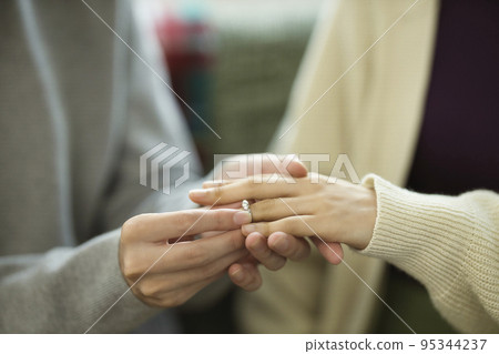 Proposal image A couple's hand holding a ring 95344237