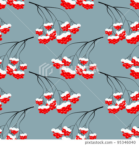 Seamless pattern, brunches of red rowan in the snow on a blue background. Print, background, vector 95346040