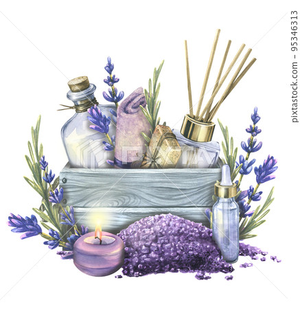 A set of cosmetics in a wooden box with sea salt for baths and candles. Watercolor illustration. The composition of a large set of Lavender SPA. For decoration and design of menus, advertisements A set of cosmetics in a wooden box with sea salt for baths and candles. Watercolor illustration. The composition of a large set of Lavender SPA. For decoration and design of menus, advertisements 95346313