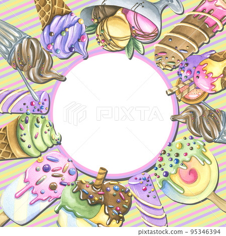 Square and round frame with various ice cream cones, popsicles, cremans. Watercolor illustration from a large set of ICE CREAM. For the design and decoration of postcards, invitations, advertising, Square and round frame with various ice cream cones, popsicles, cremans. Watercolor illustration from a large set of ICE CREAM. For the design and decoration of postcards, invitations, advertising, 95346394