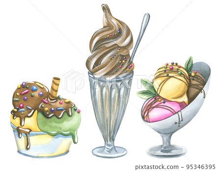Ice cream in a cream bowl and a glass. Watercolor illustration. Isolated objects from a large set of ICE CREAM. For decoration, design and compositions of postcards, advertisements, posters, prints Ice cream in a cream bowl and a glass. Watercolor illustration. Isolated objects from a large set of ICE CREAM. For decoration, design and compositions of postcards, advertisements, posters, prints 95346395