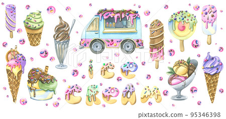 A large set with various ice cream, car and sweet letters. Watercolor illustration. For design, decoration and composition of compositions, advertising, packaging, souvenirs, stickers, posters, prints A large set with various ice cream, car and sweet letters. Watercolor illustration. For design, decoration and composition of compositions, advertising, packaging, souvenirs, stickers, posters, prints 95346398