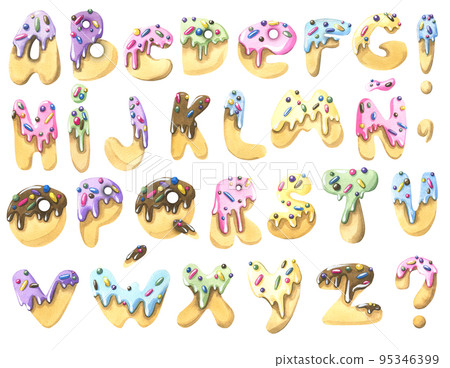A large set of sweet cookies with glaze in the form of the Latin alphabet, English, Spanish. Watercolor illustration from the ICE CREAM set. For decoration and design, composition. A large set of sweet cookies with glaze in the form of the Latin alphabet, English, Spanish. Watercolor illustration from the ICE CREAM set. For decoration and design, composition. 95346399