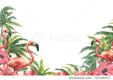 Horizontal frame with pink flamingos, coconut palms and hibiscus flowers. Watercolor illustration from a large CUBA set. For registration and design of invitations, certificates, postcards, posters Horizontal frame with pink flamingos, coconut palms and hibiscus flowers. Watercolor illustration from a large CUBA set. For registration and design of invitations, certificates, postcards, posters 95346457