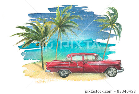 A tropical landscape with a red car and palm trees on the background of a sea beach. Watercolor illustration. Composition of a large set of CUBA. For the design and decoration of banners, postcards 95346458