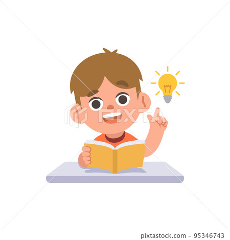 A white boy get an idea on the desk with a book and a bulb, illustration cartoon character vector design on white background. kid and education concept. 95346743