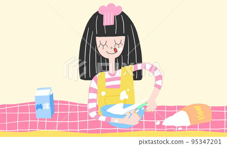 Illustration of cute girl cooking bakery made dessert wear pink uniform and yellow apron Illustration of cute girl cooking bakery made dessert wear pink uniform and yellow apron 95347201