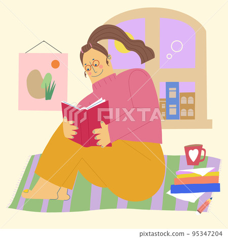 Young adult woman sit on carpet reading a book leisure relax satisfaction life moment at home Young adult woman sit on carpet reading a book leisure relax satisfaction life moment at home 95347204