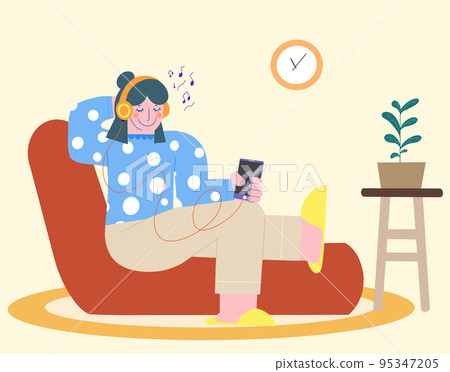 Woman sit on sofa wear headphone listen to music or podcast with mobile phone relax in cozy room Woman sit on sofa wear headphone listen to music or podcast with mobile phone relax in cozy room 95347205