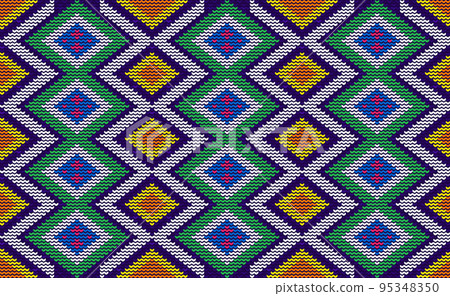 Knitted ethnic pattern, Vector cross stitch geometric background, Green and yellow pattern geometry design Knitted ethnic pattern, Vector cross stitch geometric background, Green and yellow pattern geometry design 95348350
