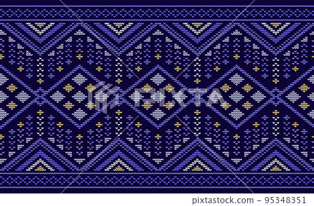 Knitted ethnic pattern, Vector cross stitch ornate background, Purple and yellow pattern antique folk Knitted ethnic pattern, Vector cross stitch ornate background, Purple and yellow pattern antique folk 95348351