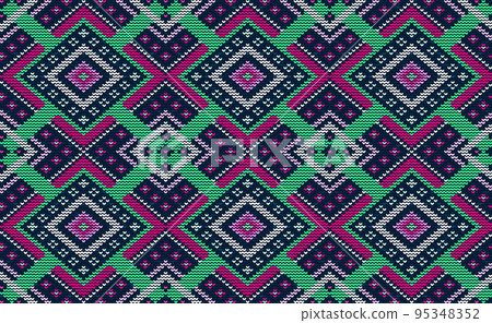 Knitted ethnic pattern, Vector Embroidery diagonal ethnic style, Pink and green pattern jacquard classic design 95348352